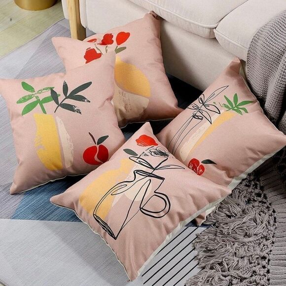 Btyrle Set of 4 Illustration Style Print Pillow Covers 18x18 Inch Decorative Lin - Picture 1 of 7